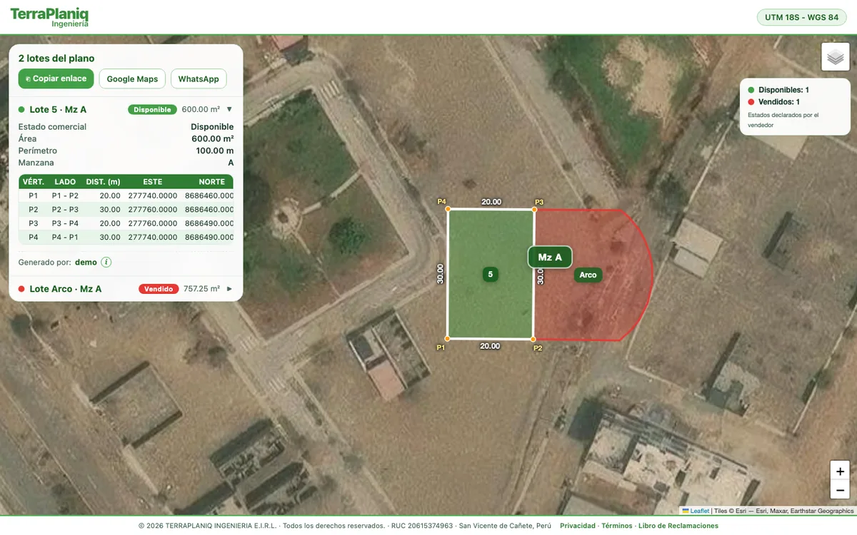 Geovisor TerraPlaniq mostrando lotes con condición de venta: uno disponible en verde y uno vendido en rojo, con leyenda de contadores