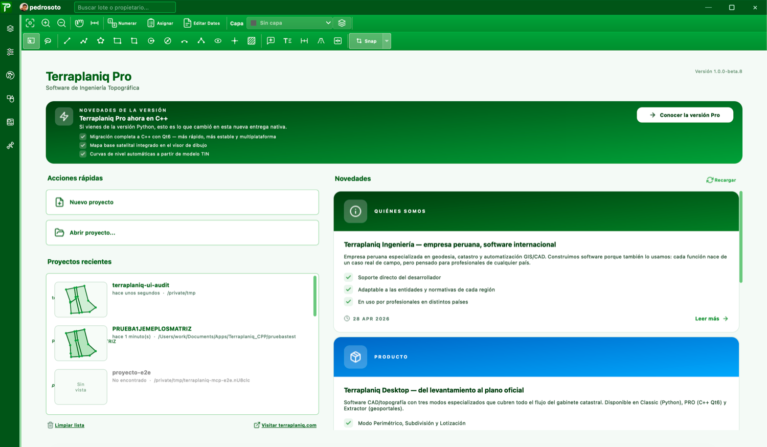 Panel de inicio de Terraplaniq Pro