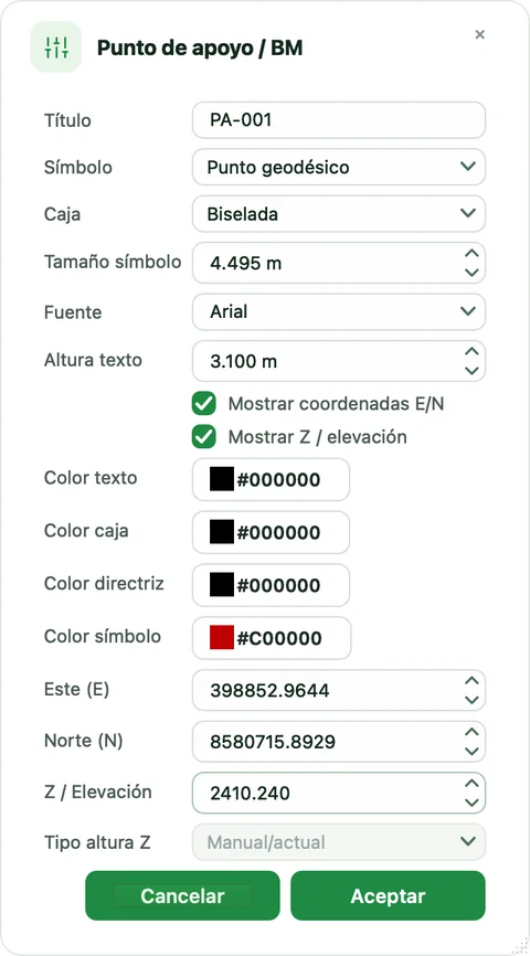 Diálogo Punto de apoyo / BM con título, símbolo, caja, tamaños, colores y coordenadas