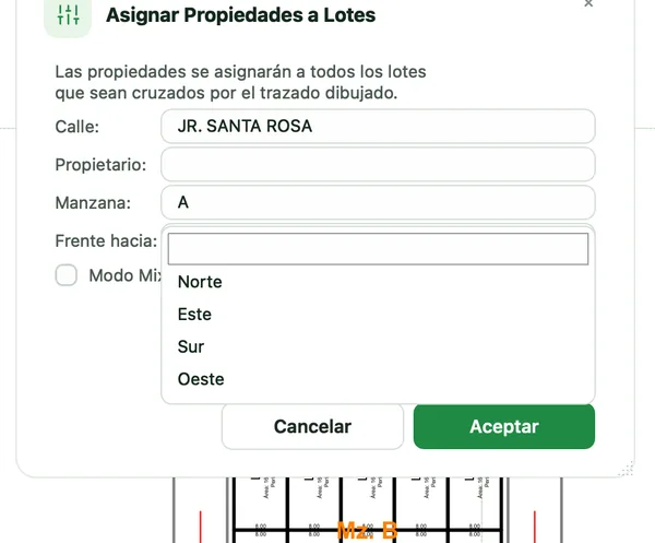 Diálogo Asignar Propiedades a Lotes con la lista Frente hacia abierta