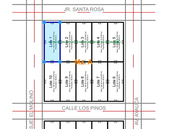 Trazo de asignación sobre la fila superior de la manzana A
