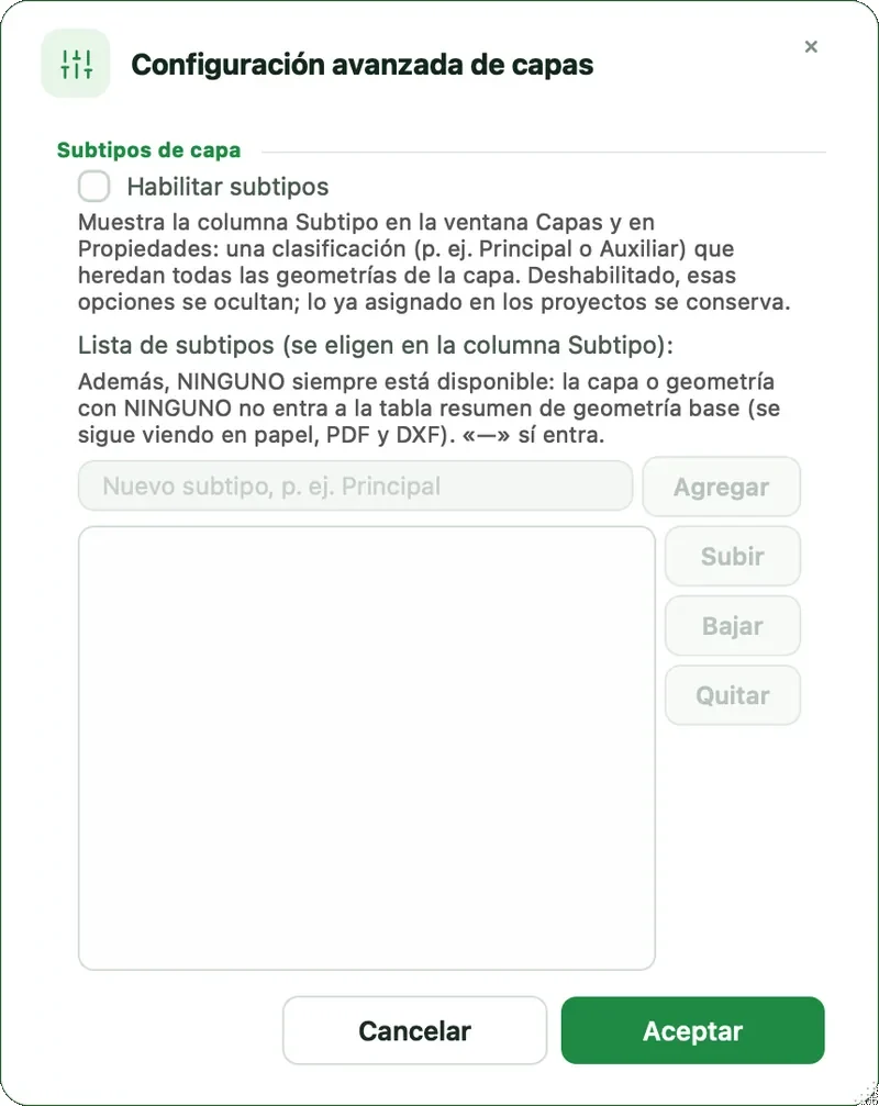 Configuración avanzada de capas con subtipos