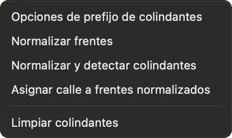 Menú del engranaje junto a Detectar con opciones de prefijo, normalización y limpieza
