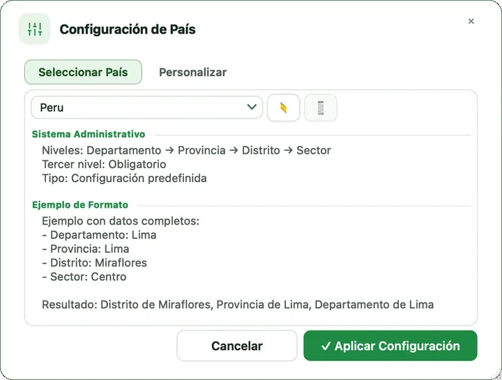 Diálogo Configuración de País con Perú seleccionado