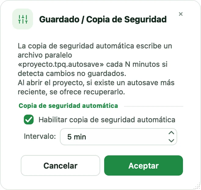 Diálogo Guardado / Copia de Seguridad con la copia automática activada cada 5 minutos