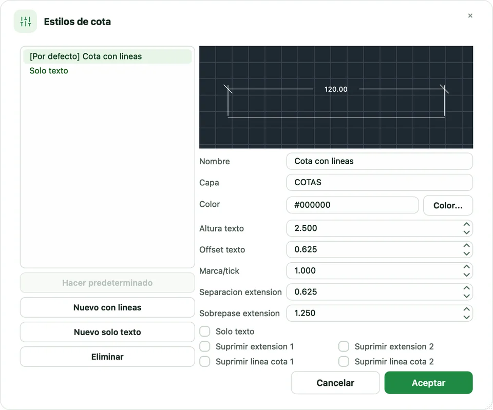 Diálogo Estilos de cota con el estilo Cota con líneas y su vista previa