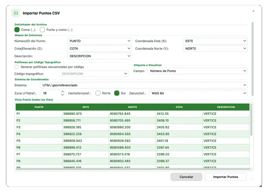 Diálogo Importar Puntos CSV con mapeo de columnas y vista previa