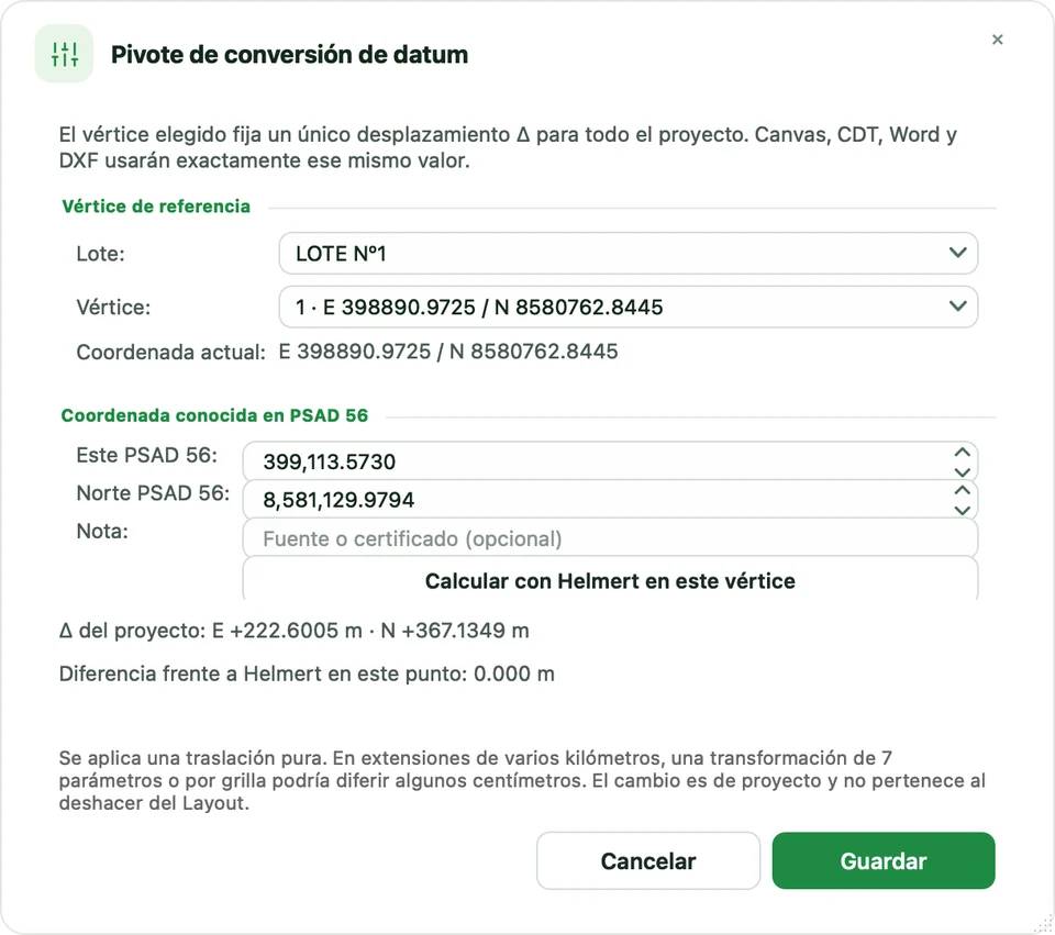 Diálogo Pivote de conversión de datum con el vértice 1 de LOTE Nº1