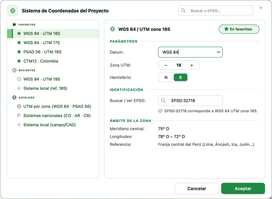 Diálogo Sistema de Coordenadas del Proyecto