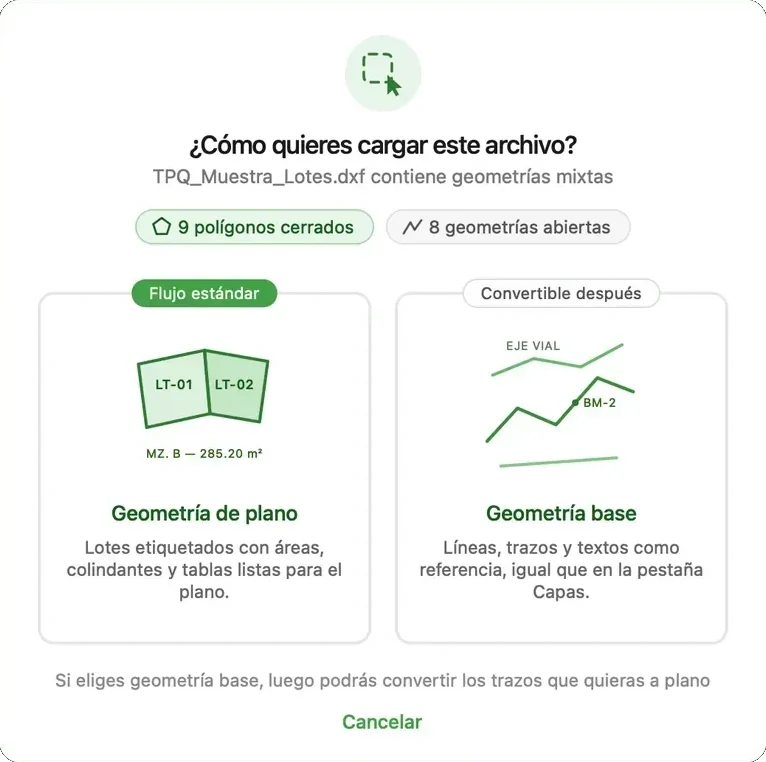 Diálogo ¿Cómo quieres cargar este archivo? con las opciones Geometría de plano y Geometría base