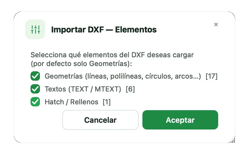 Diálogo Importar DXF Elementos con Geometrías, Textos y Hatch marcados