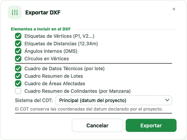 Diálogo Exportar DXF con los elementos a incluir y el sistema del CDT