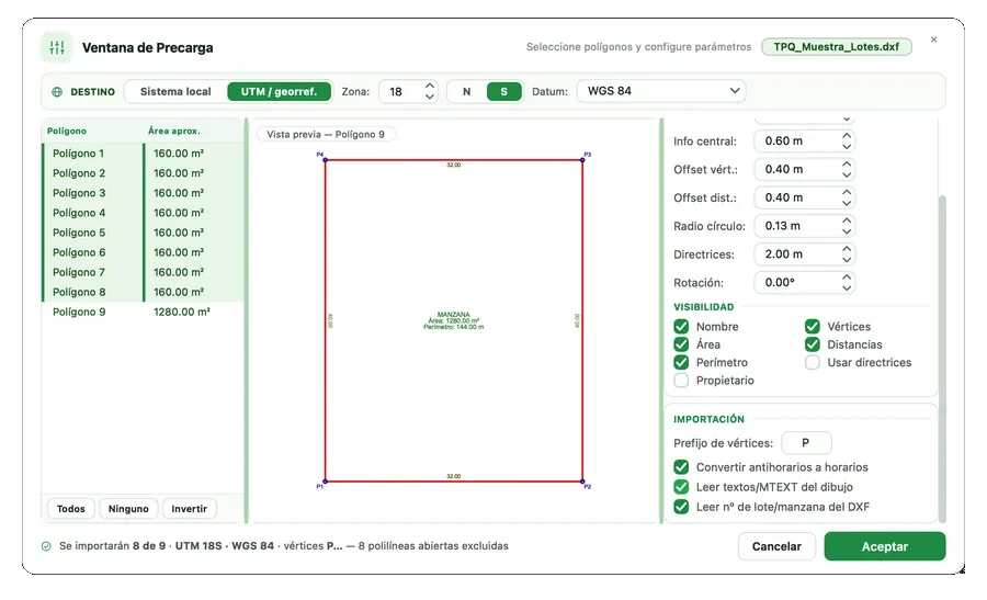 Ventana de Precarga con 9 polígonos, 8 seleccionados, vista previa y etiquetas del lote