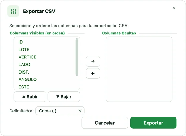 Diálogo Exportar CSV con columnas visibles, columnas ocultas y delimitador