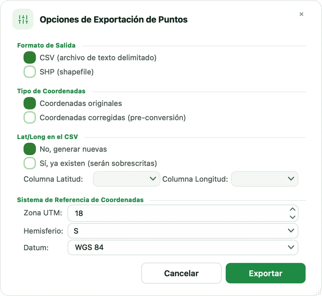 Diálogo Opciones de Exportación de Puntos con CSV, coordenadas originales y WGS 84 zona 18 S