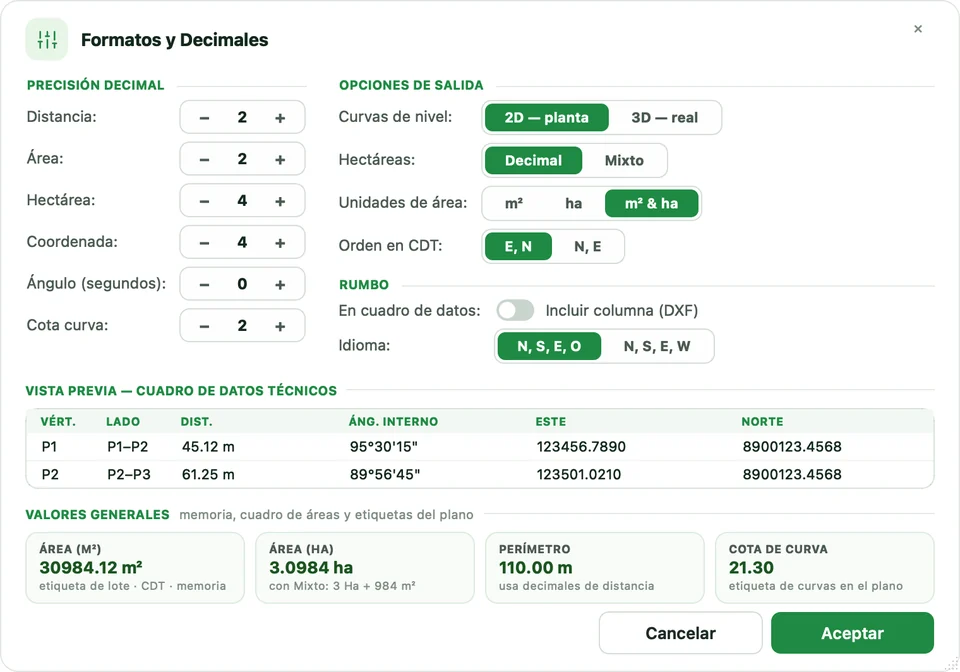 Diálogo Formatos y Decimales con precisión, opciones de salida, rumbo y vista previa del CDT