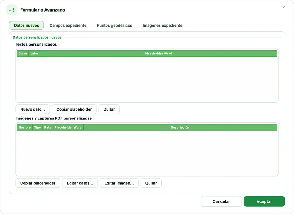 Formulario Avanzado, pestaña Datos nuevos