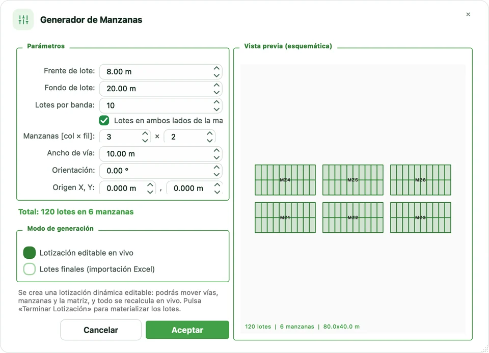 Generador de Manzanas con 120 lotes en 6 manzanas y vista previa
