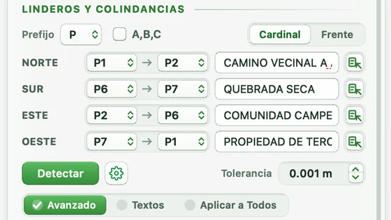 Linderos del predio en modo Cardinal con tramos P1→P2, P6→P7, P2→P6 y P7→P1