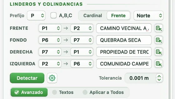 Linderos en modo Frente con el frente hacia el Norte