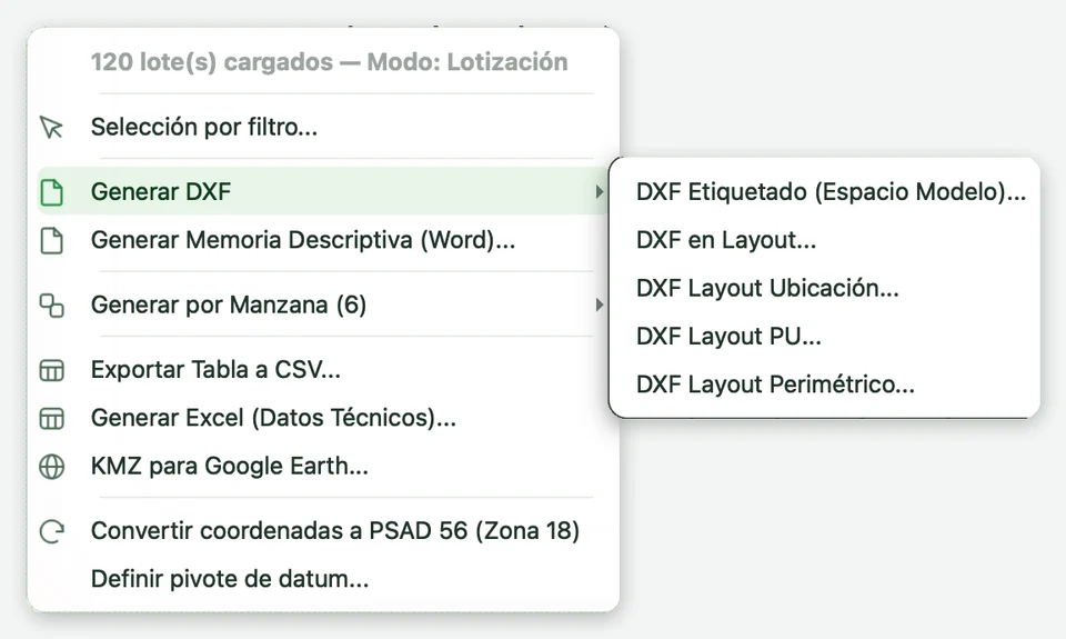 Submenú Generar DXF con sus cinco opciones