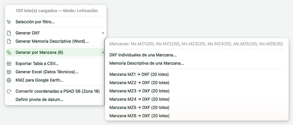 Submenú Generar por Manzana con DXF individuales, memoria y una entrada por manzana