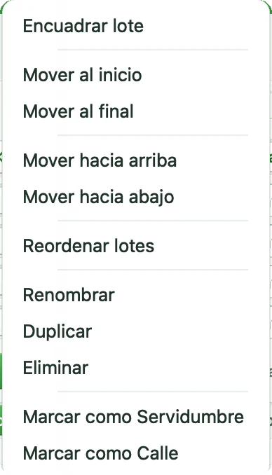 Menú contextual de un lote en el Gestor de Entidades