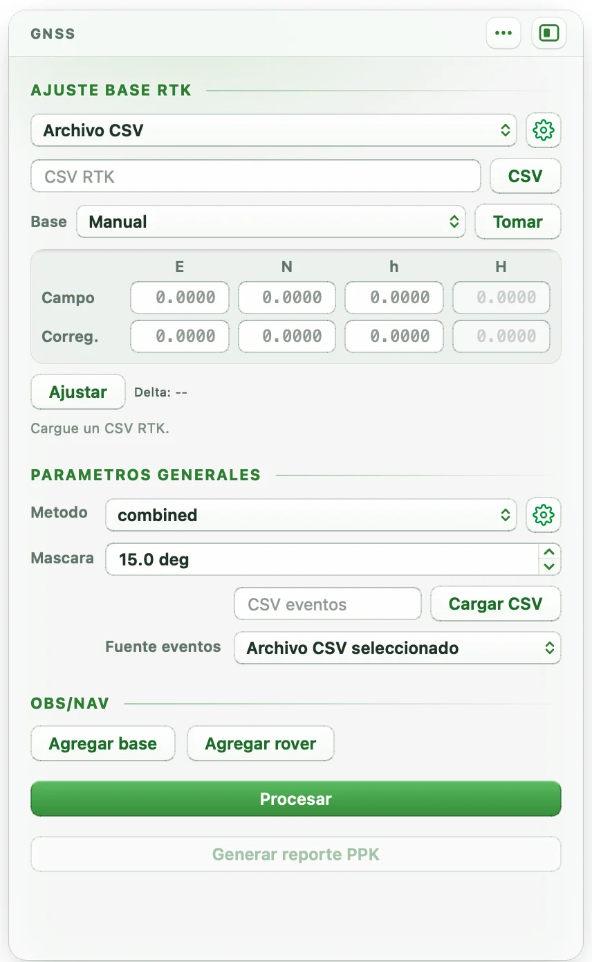 Panel GNSS con Ajuste base RTK, parámetros generales y OBS/NAV