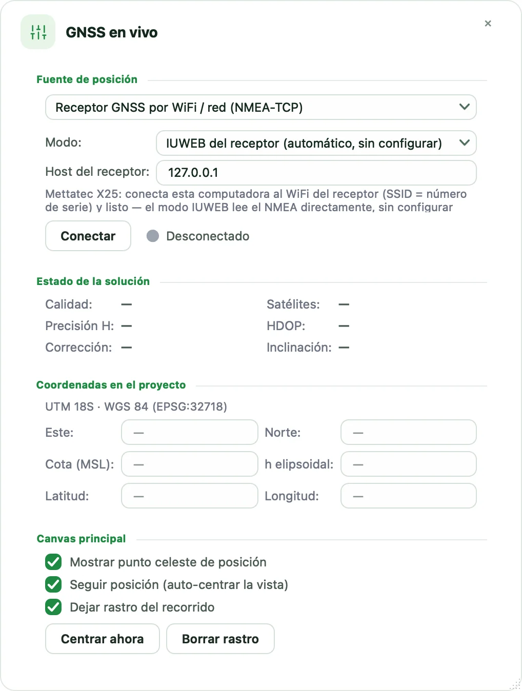 Ventana GNSS en vivo con la fuente WiFi en modo IUWEB