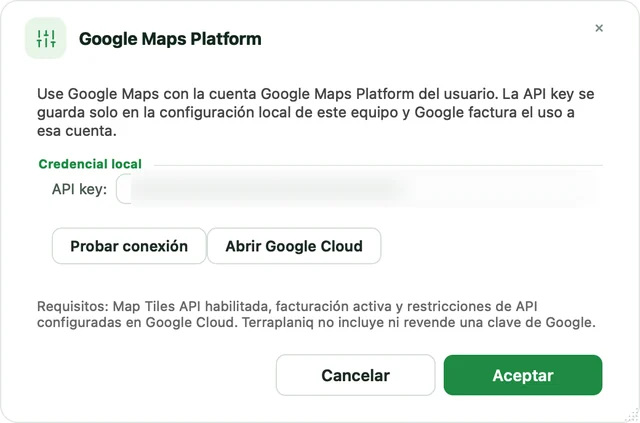 Diálogo Google Maps Platform con el campo de la clave de API