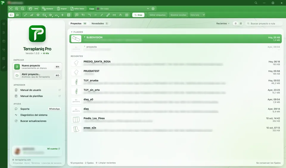 Pantalla de inicio con proyectos fijados y recientes