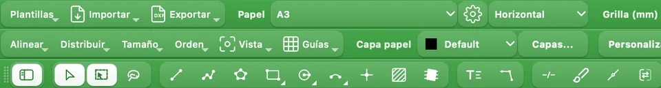 Mitad izquierda de las tres filas de la barra superior del Layout Designer