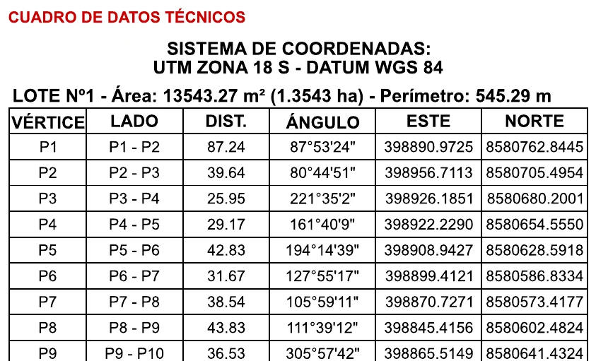 Cuadro de datos técnicos de un lote de 12 vértices