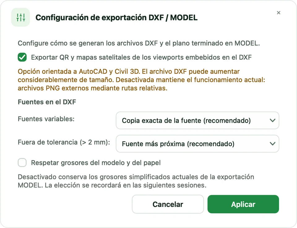 Configuración de exportación DXF / MODEL
