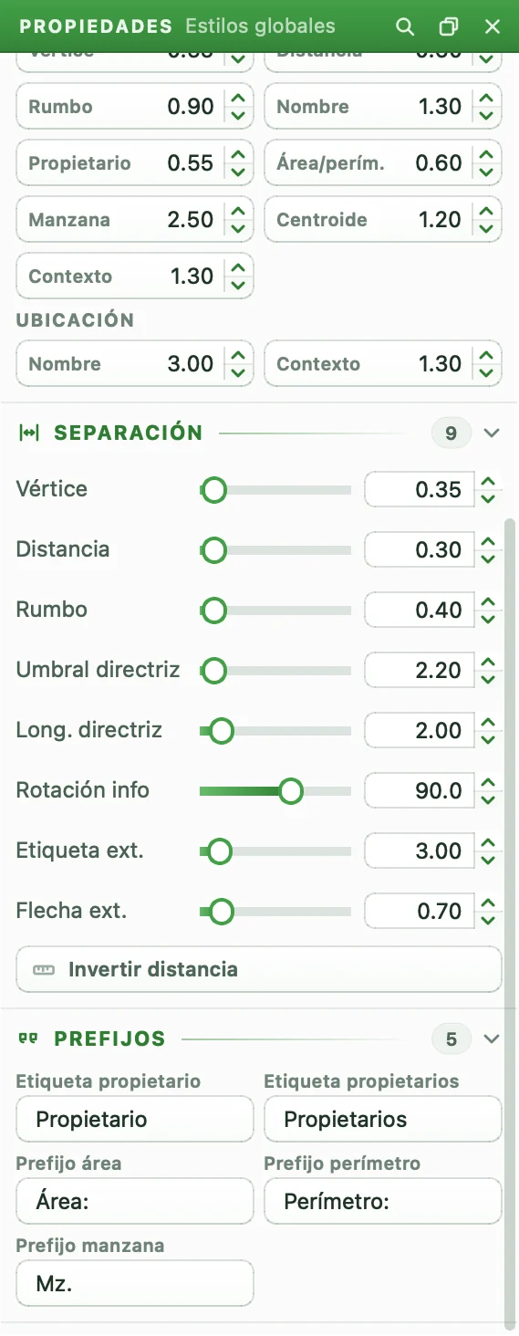 Panel de Propiedades sin selección: estilos globales