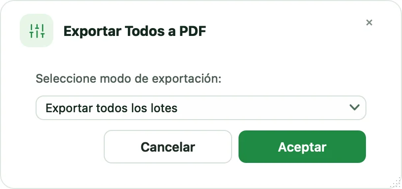 Diálogo Exportar Todos a PDF con el modo de exportación