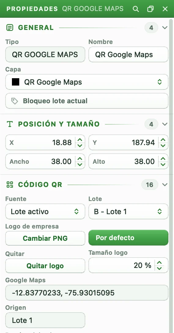 Panel de Propiedades del código QR