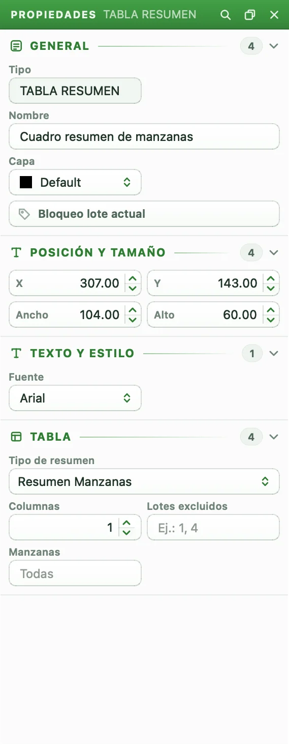 Panel de Propiedades de una tabla resumen de tipo Resumen Manzanas