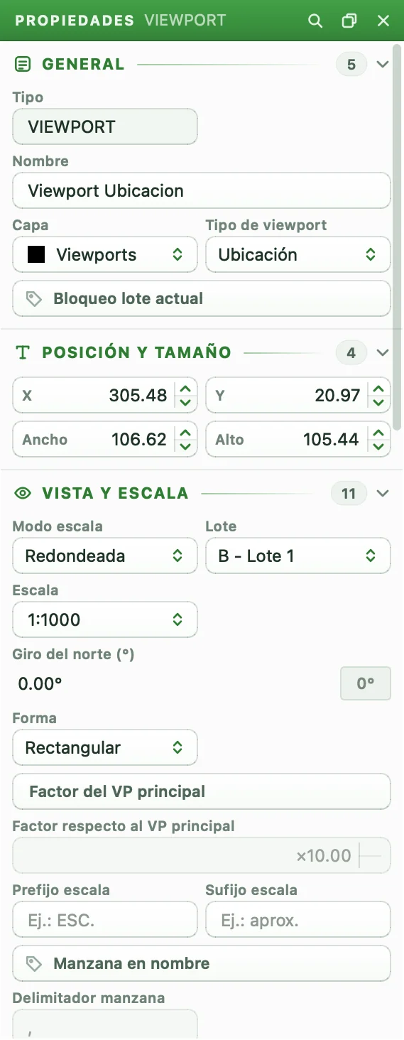 Panel de Propiedades de un viewport de ubicación con factor respecto al viewport principal