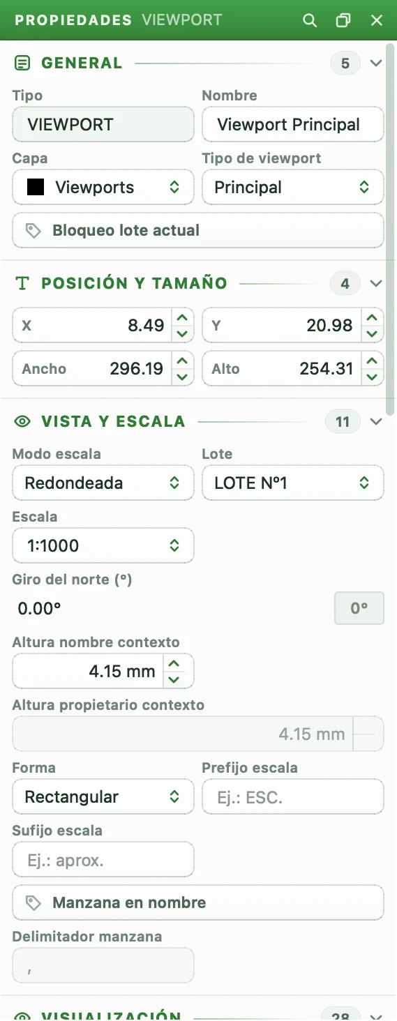 Panel de Propiedades de un viewport principal