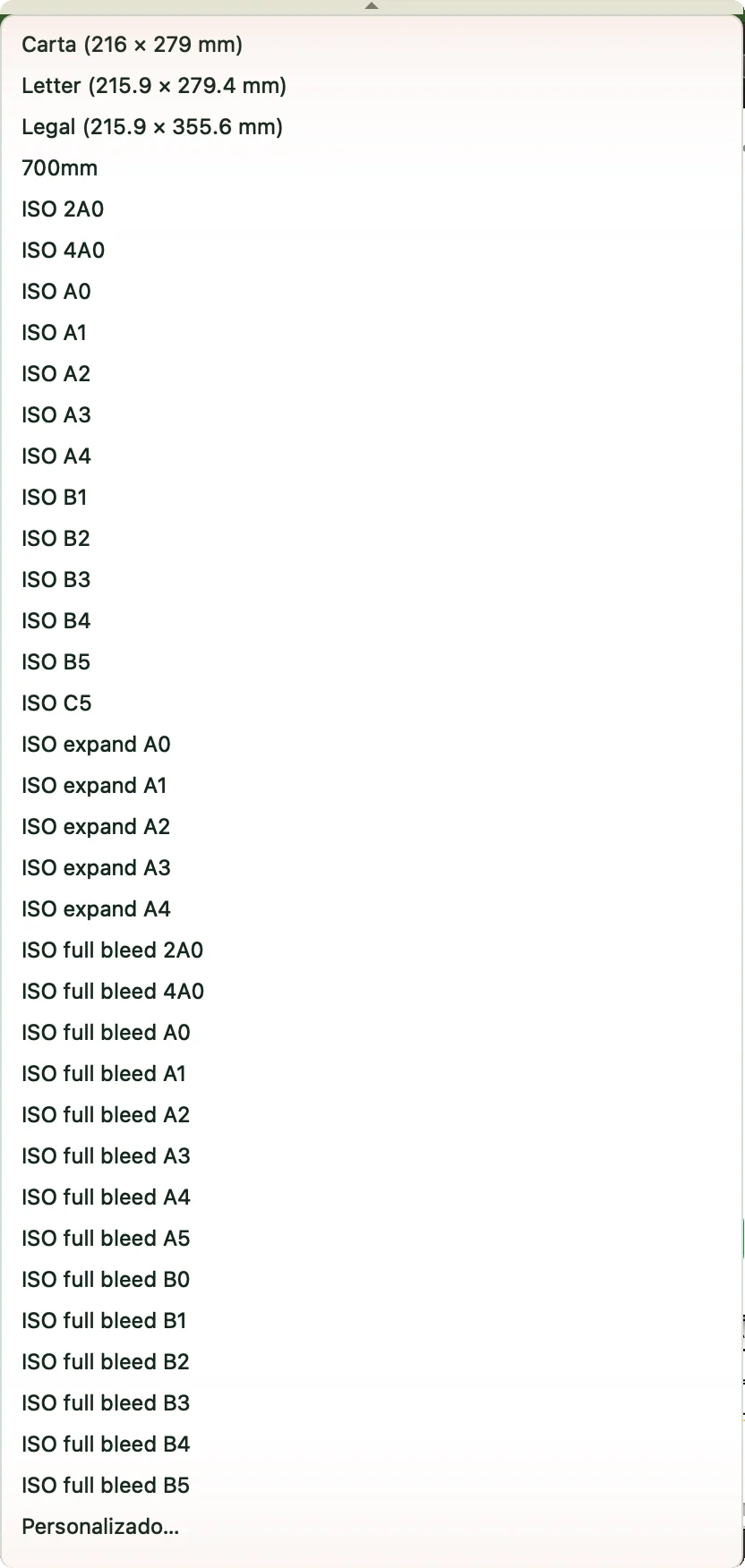 Lista Tamaño con los formatos ISO de AutoCAD y, al final, Personalizado…