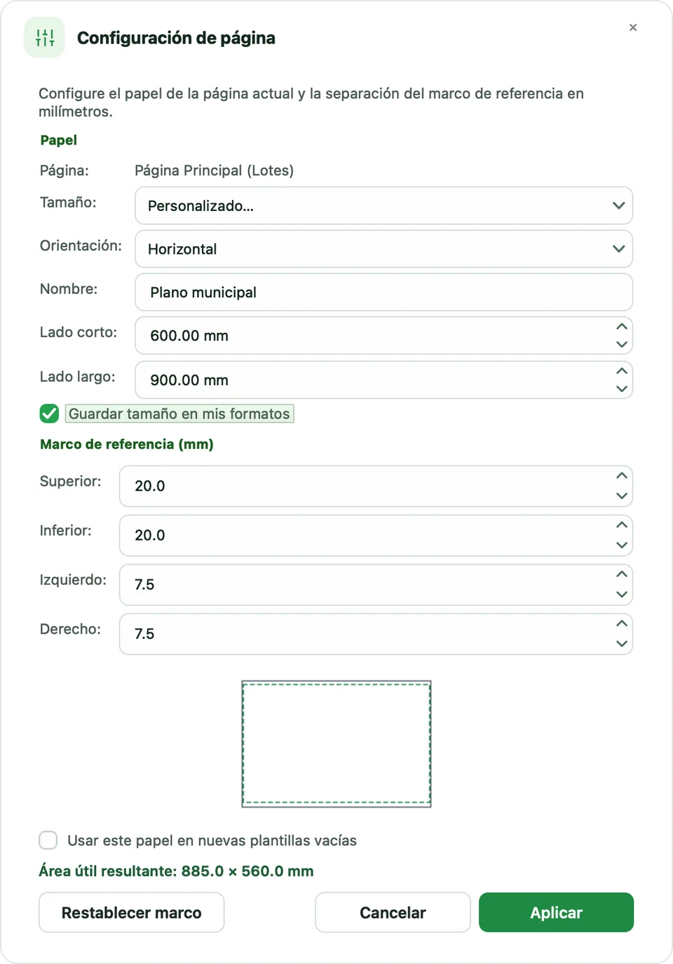 Configuración de página con un papel personalizado Plano municipal de 600 por 900 milímetros