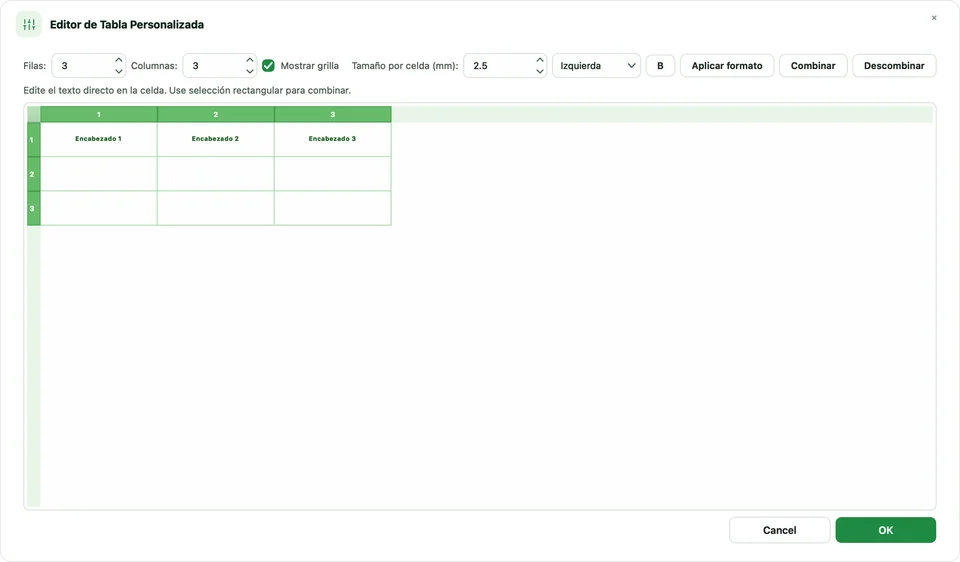 Editor de Tabla Personalizada con filas, columnas, tamaño, alineación, negrita y combinar