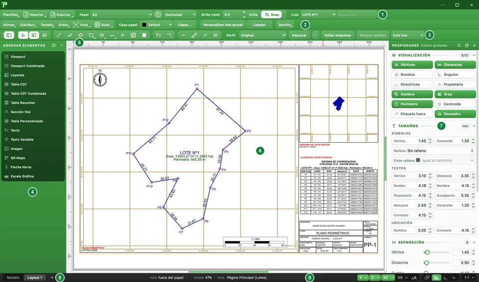 Ventana del Layout Designer con sus zonas numeradas