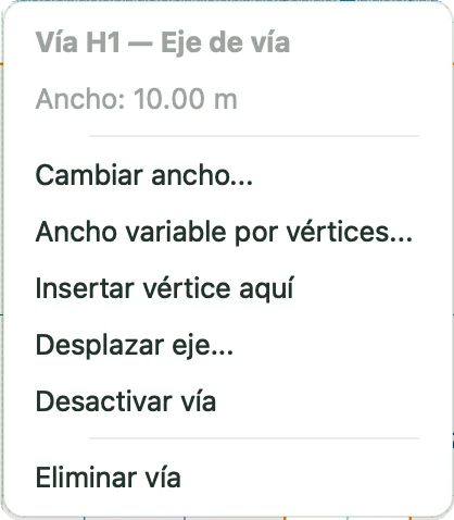 Menú contextual del eje de vía H1