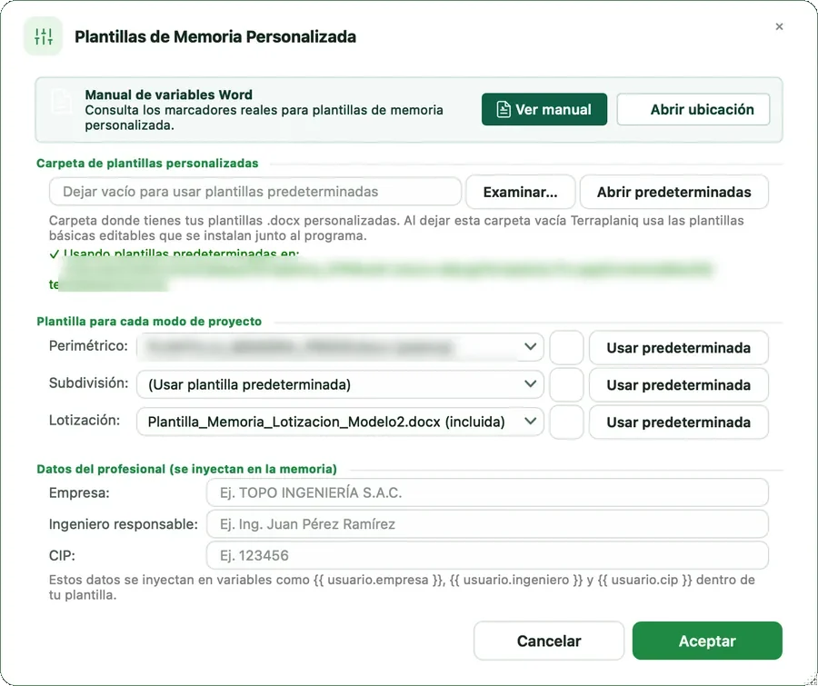 Diálogo Plantillas de Memoria Personalizada