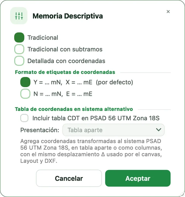 Diálogo Memoria Descriptiva con los tres modos
