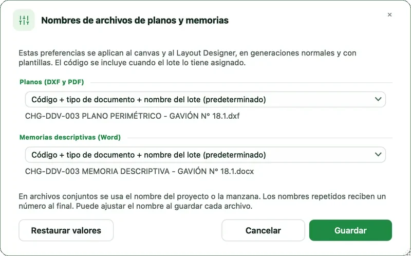 Diálogo Nombres de archivos de planos y memorias