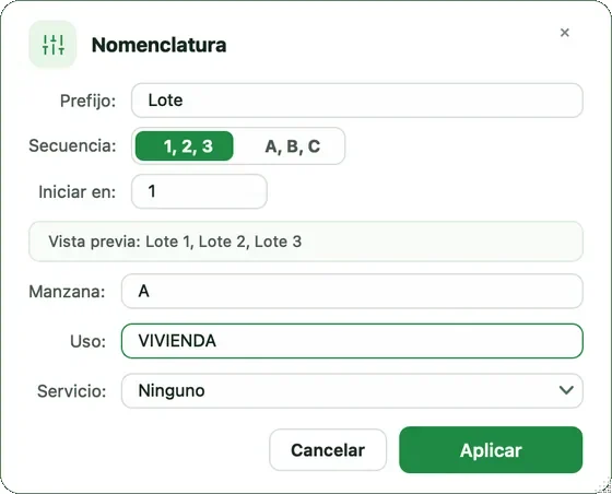 Diálogo Nomenclatura con prefijo Lote, secuencia numérica, manzana A y uso vivienda