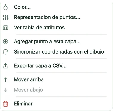 Menú contextual de la capa de puntos CSV